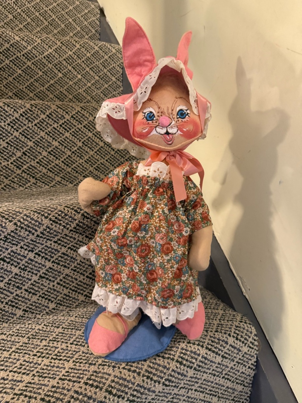 Handmade Bunny Doll in Pink Bonnet and Floral Dress, vintage Easter decoration